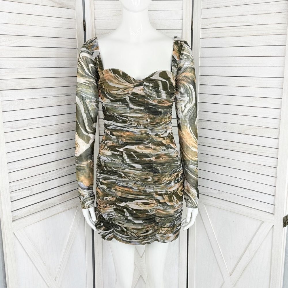 Zara Sheath Dress Marbled Ruched Draped Tulle Mini Khaki Green Orange Small